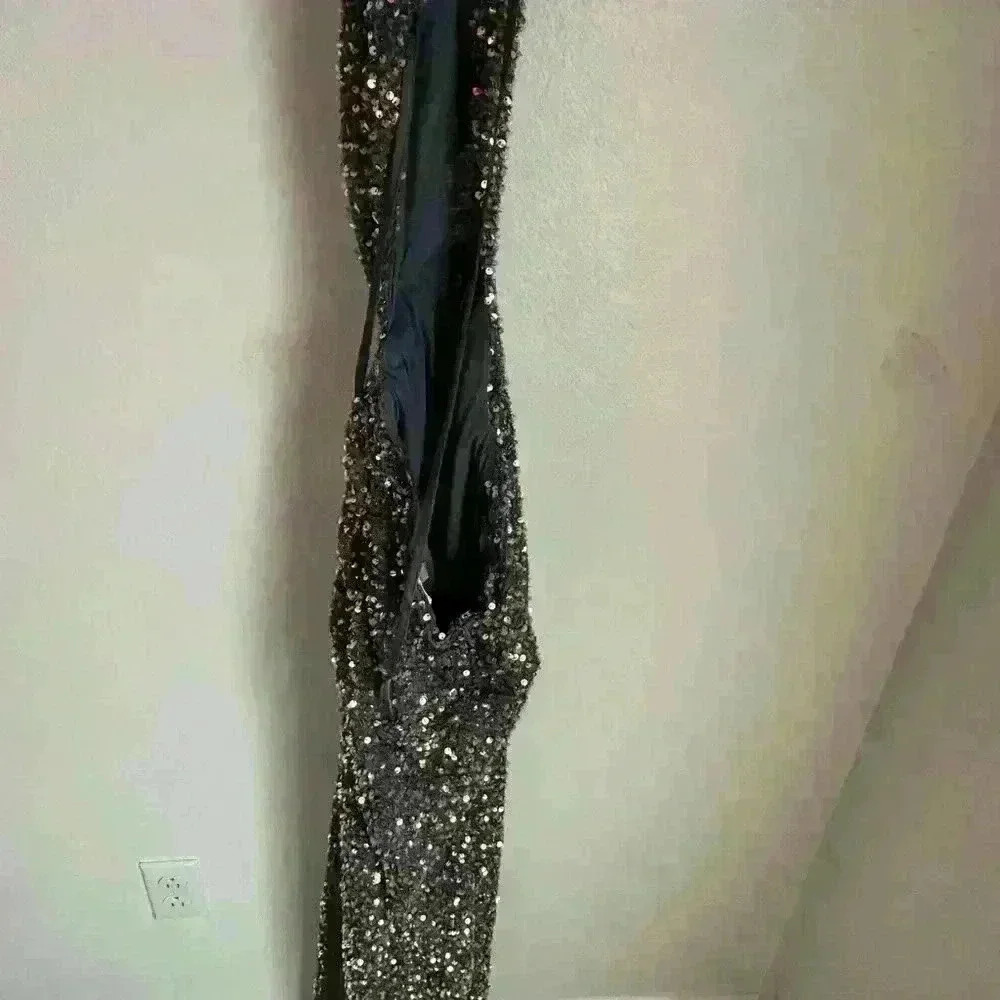 GRAY IRIDESCENT SEQUINS LACE UP OPEN BACK RUCHED BUTT SLIT GOWN - Picture 3 of 4
